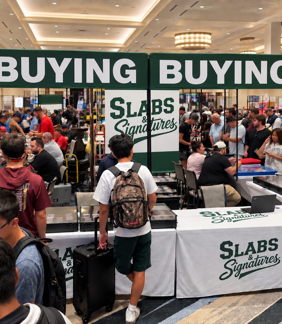 The Slabs & Signatures booth under the BUYING banners at a Houston card show, with collectors at the display cases