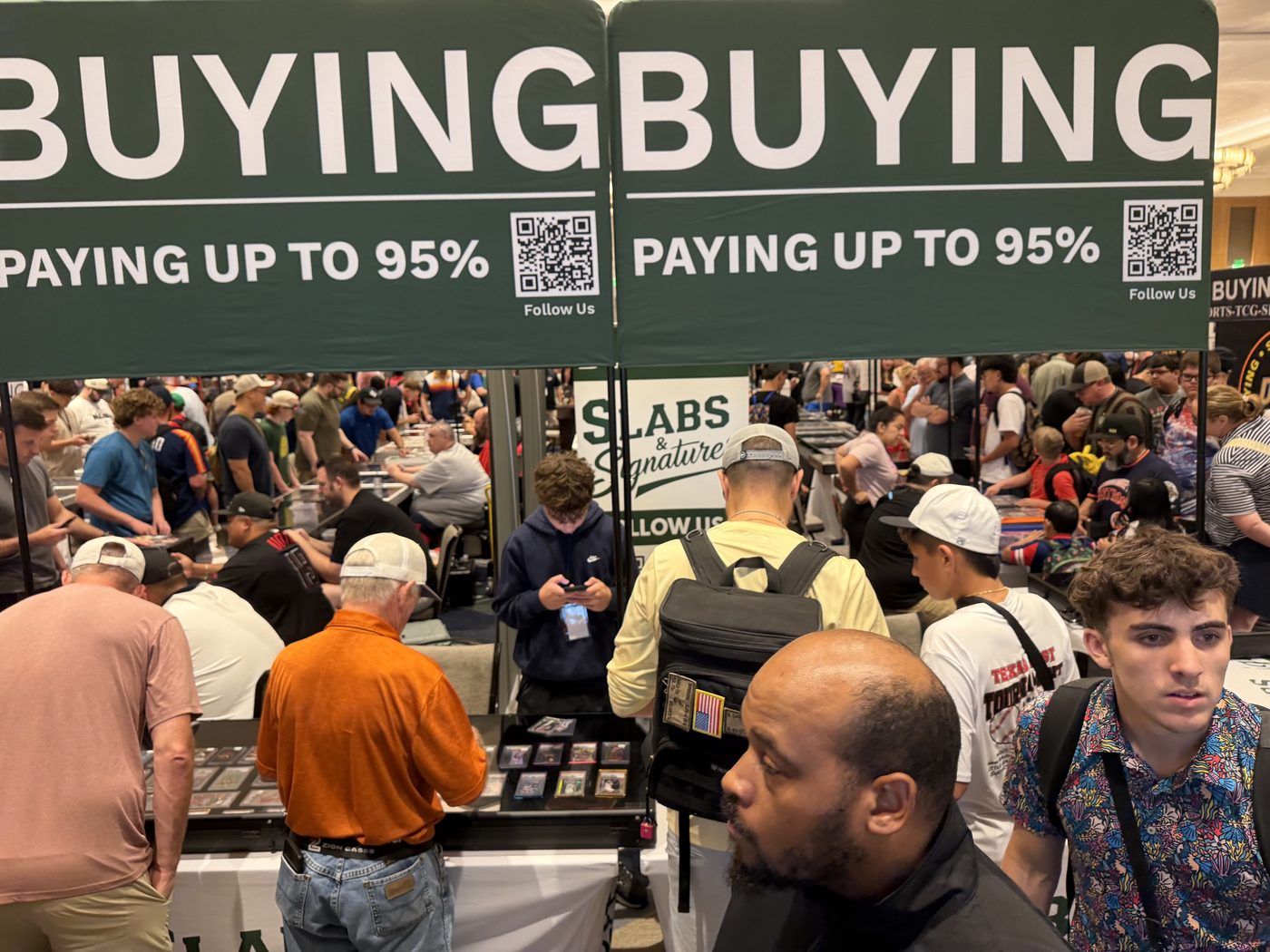 The Slabs & Signatures buying booth under BUYING banners at the Conroe Card Show