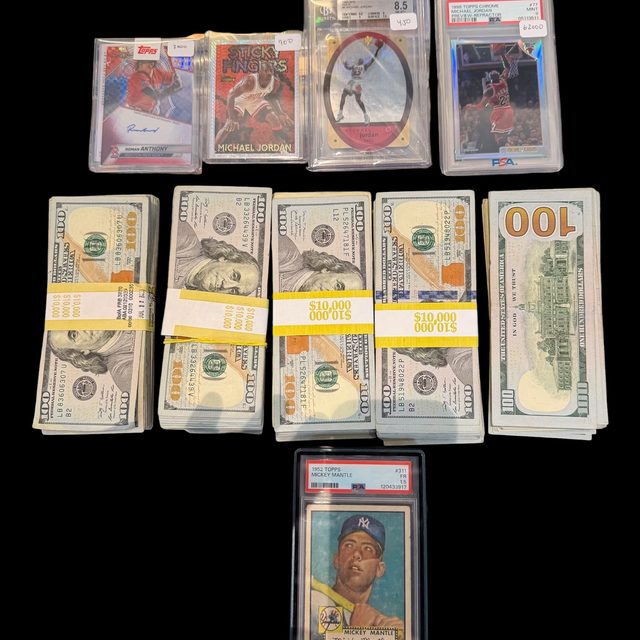 A 1952 Topps Mickey Mantle PSA 1.5 alongside five banded stacks of cash and four cards including a Topps Chrome Michael Jordan Preview Refractor, from a $220k deal at the Front Row Card Show in Pasadena