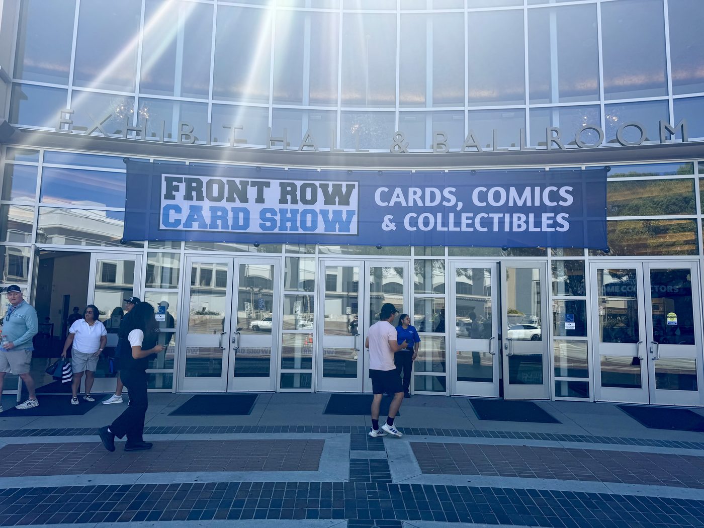 The Front Row Card Show banner over the entrance to the Exhibit Hall and Ballroom at the Pasadena Convention Center, September 2026