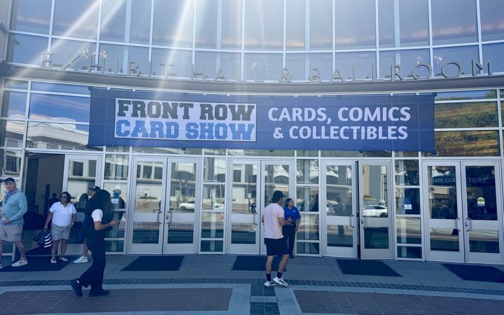 The Front Row Card Show banner over the entrance to the Exhibit Hall and Ballroom at the Pasadena Convention Center, September 2026