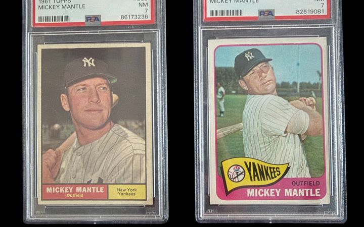A 1961 Topps #300 and 1965 Topps #350 Mickey Mantle, both PSA 7, bought at the H-Town Card Show in August 2026