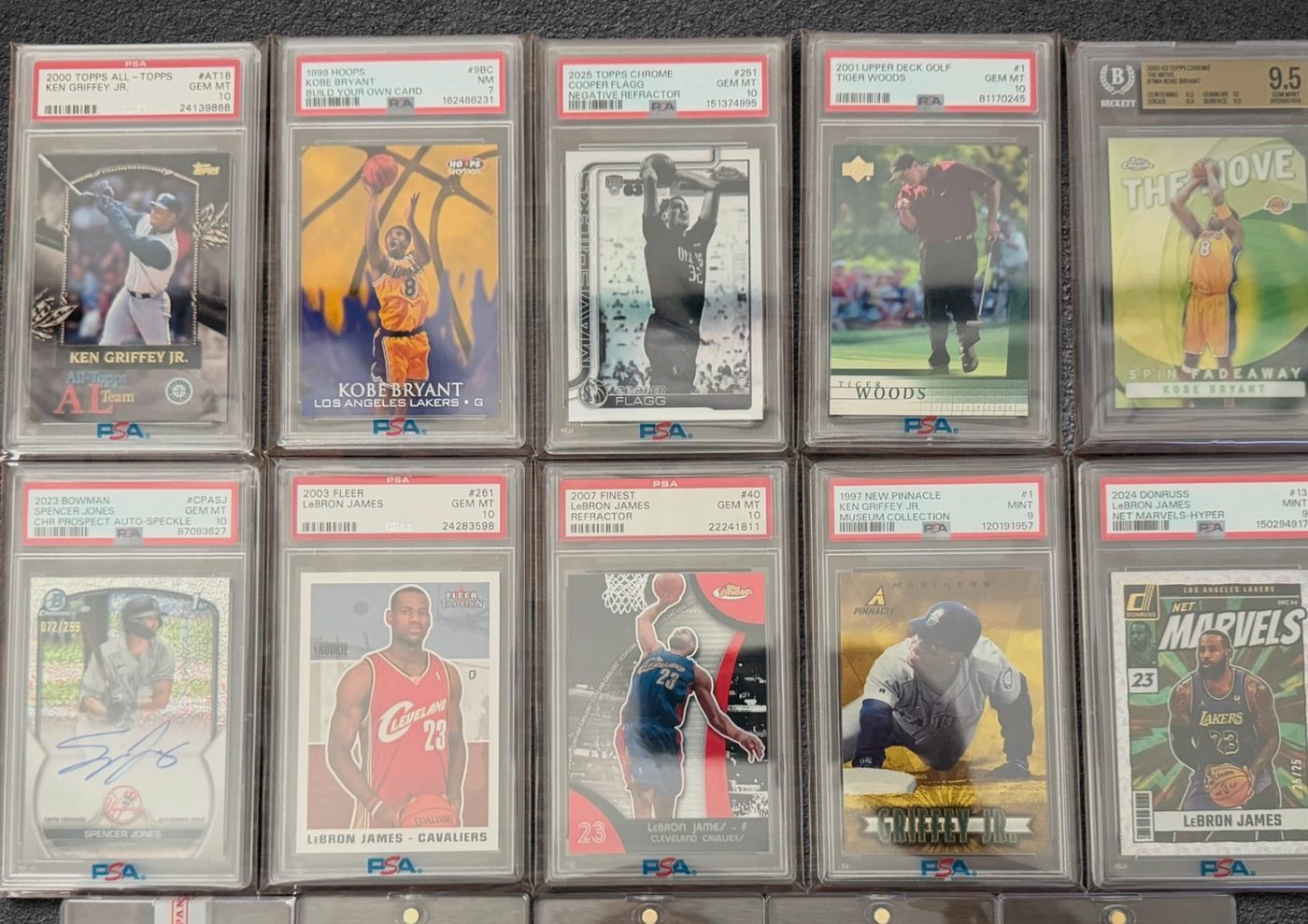 Graded slabs bought at The Wood Card Show, September 2026, including LeBron James rookies, Kobe Bryant, Ken Griffey Jr, Cooper Flagg and Tiger Woods
